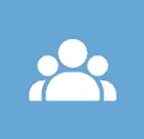 A white icon of three people on a blue background