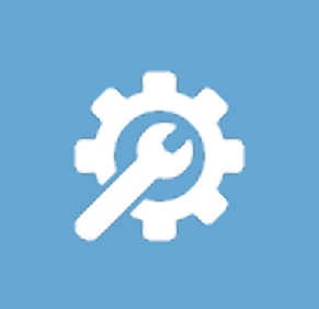 A white gear with a wrench inside of it.