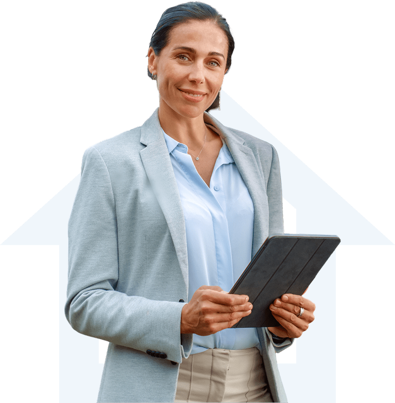A woman holding an ipad in front of a green arrow.
